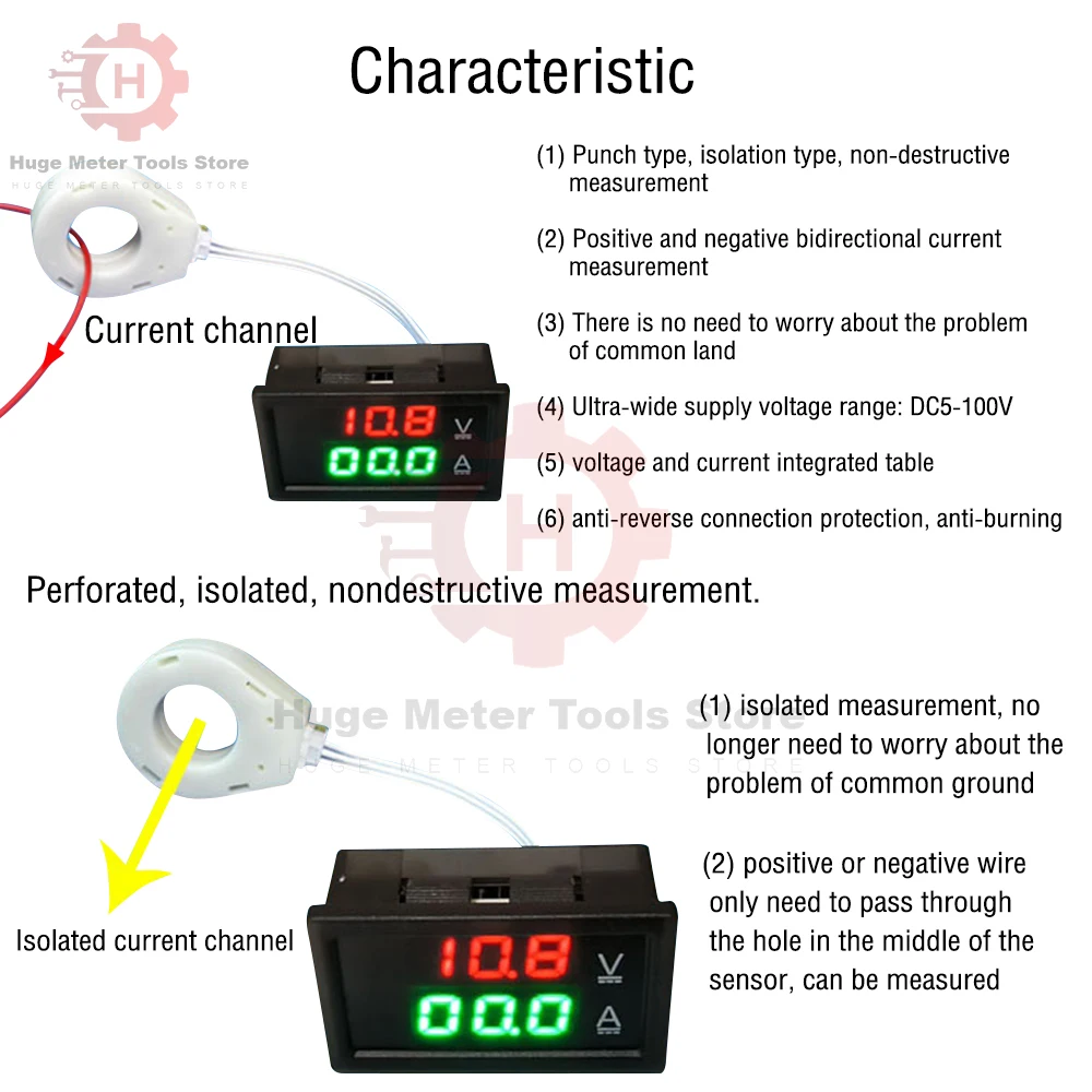 Hall Ammeter Voltmeter 50A 100A 200A Battery Monitor Current Voltage Meter Positive Negative Bidirectional Current Measurement