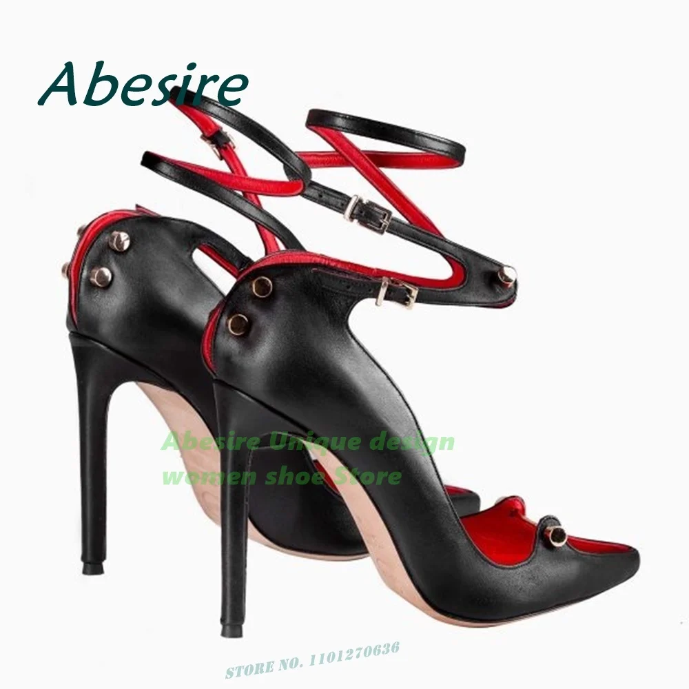 Décolleté con fibbia con cinturino incrociato nero Open Toe Metal Decor tacchi a spillo décolleté da donna in pelle verniciata Solid scarpe da pista