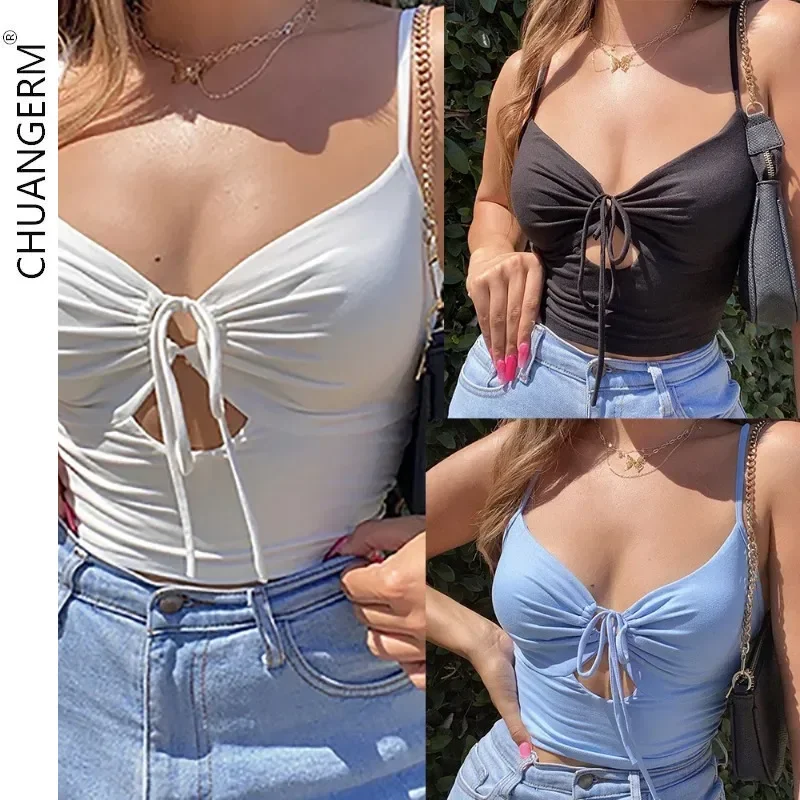 

CHUANGERM Sexy Backless Spaghetti Strap Vest V-Neck Tank Tops Y2k Hollow Out Sleeveless Women Camisole Crop Top Summer Thin