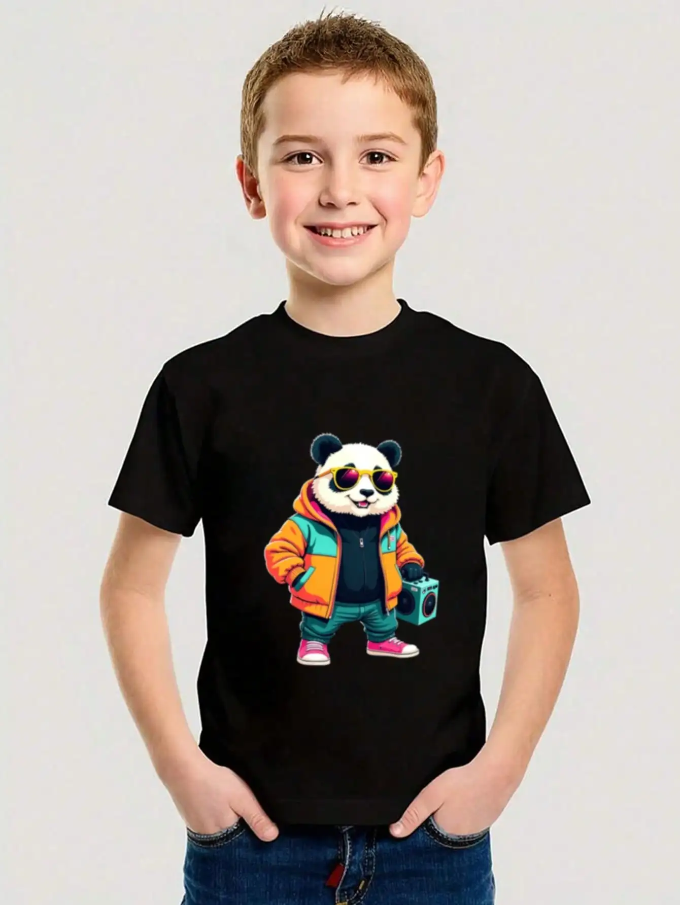 

Boys/Girls Summer Panda Hip-Hop Cotton Graphic Tees, Black Casual Summer Tops With Cool Panda And Boombox Design