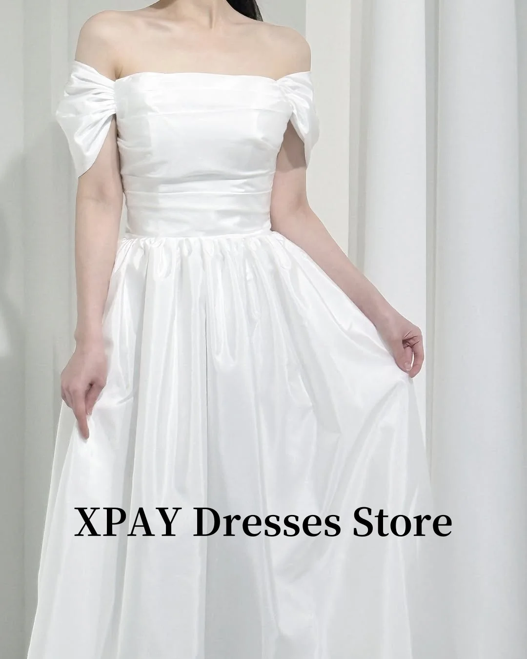 

XPAY Simple Off Shoulder White Taffeta Wedding Dresses Korea Photo shoot Pleats Floor Length Bridal Gowns Corset Back Customized