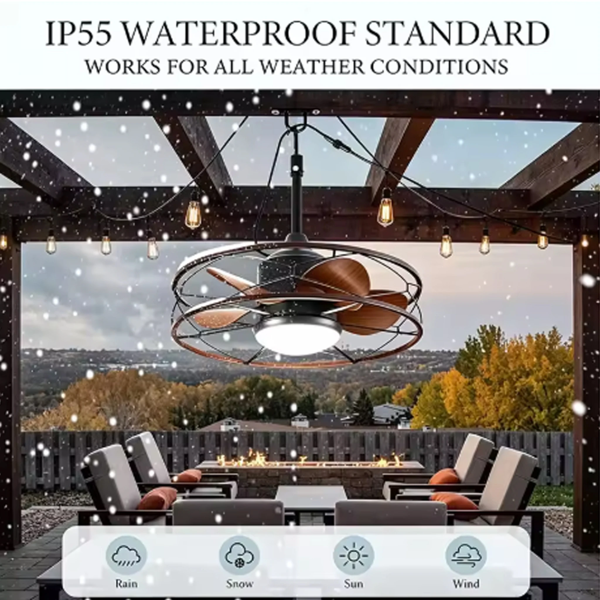 Waterproof Caged Ceiling Fan Light LED 20“ Outdoor Ceiling Fan with Remote Control for Patio Porch Pergola