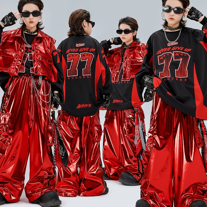 

Модный свитшот в стиле хип-хоп для девочек, блестящие брюки-карго из искусственной кожи для мальчиков, крутые комплекты детской джазовой одежды для уличных танцев, детская уличная одежда