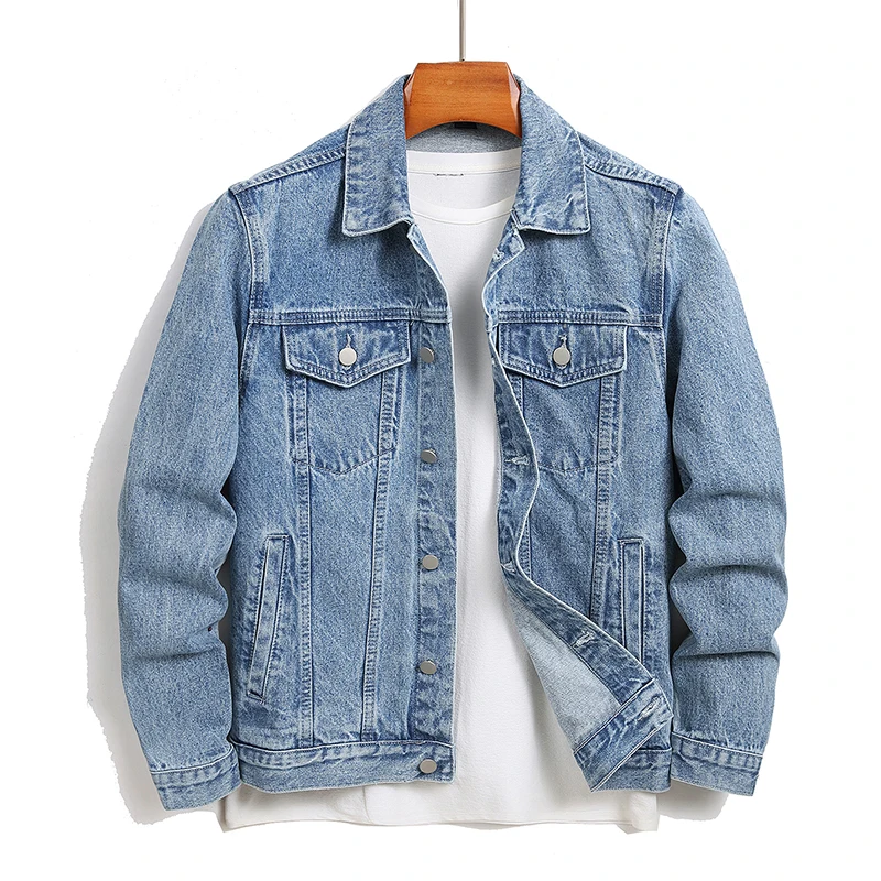 

2024 new casual lapel denim jacket for outdoor wear washed blue snowflake men's slim fit jacket