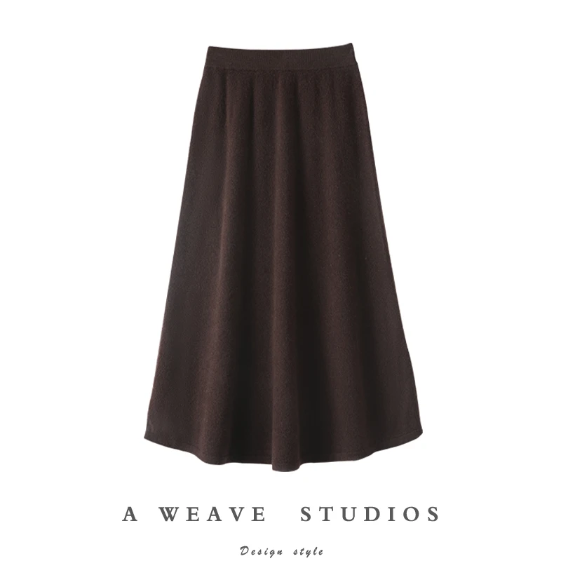 

MEETCC Women's Cashmere Knitted Skirt Luxury A-line Mid-calf Skirt Autumn Winter Office Lady 100% Cashmere Skirt Knitwear