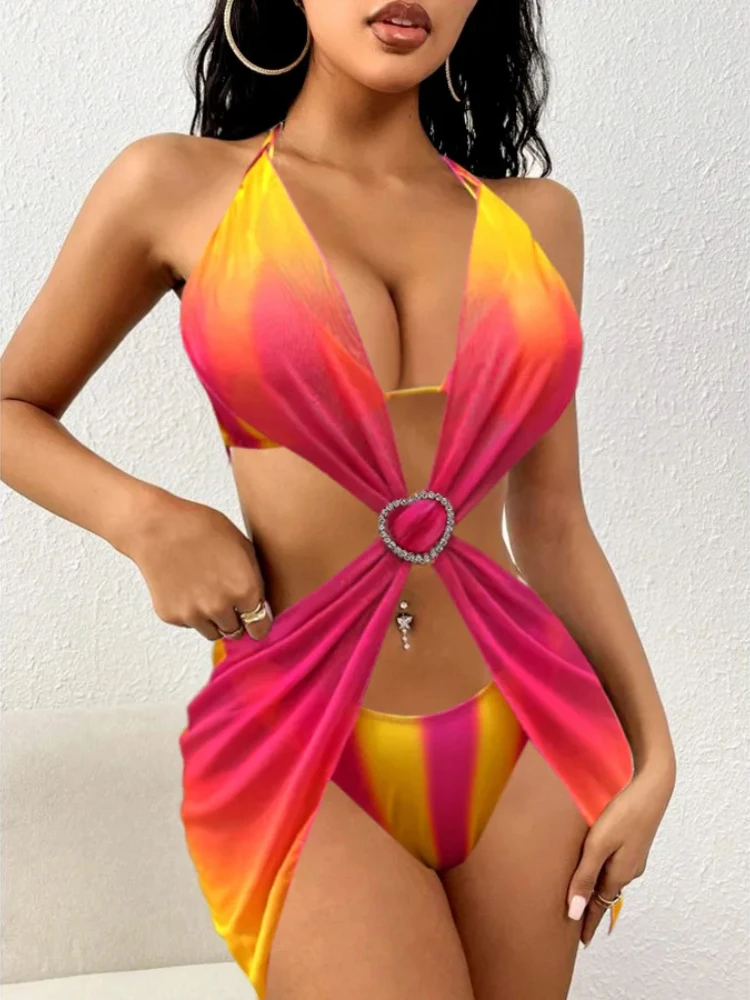 

Sexy Mesh 3-piece Swimsuit Women 2025 Rose Red Contrast Bikini Set Cross Cover-ups Beach Vacation Swimwear Summer Bathing Suit