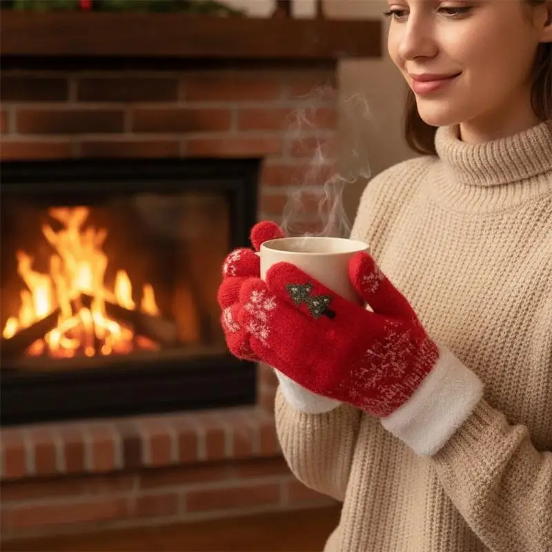 Cute Winter Fingerless Touchscreen Gloves Women Christmas Themed Fleece Lined for Driving Texting Outdoor Activities