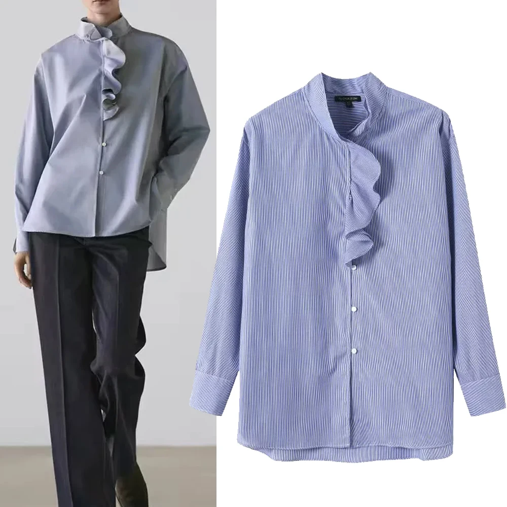 

Women's Fashionable Long Sleeve Striped Shirt H2887 with Lace Hem Versatile Style Casual Straight Cut Polyester Spring Wear