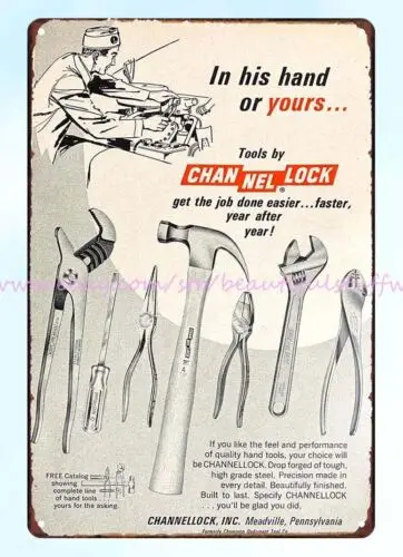 bar room ideas 1960s Channellock Tools craftsmen mechanic metal tin sign