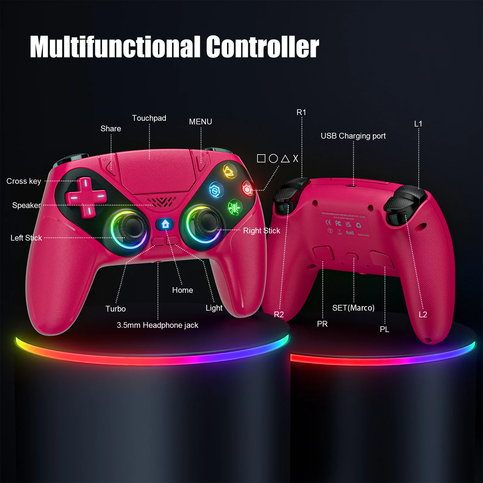 GAMROMBO Wireless Controller for PS5/Playstion 5 Pro/Slim/PC Console W/ RGB Dual Vibration Marco/Turbo Function 3.5mm Audio Jack