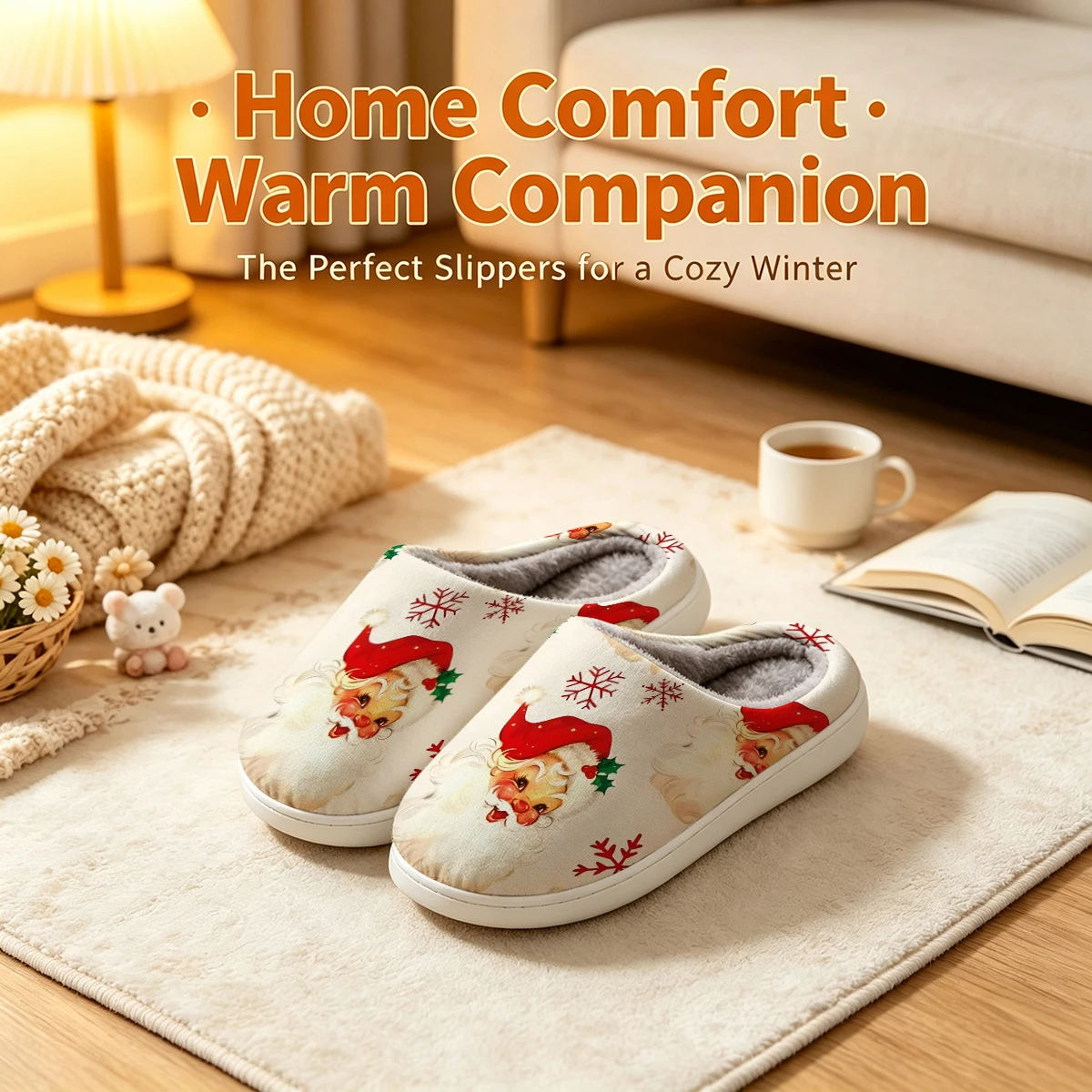 Vintage Santa Claus Christmas White Slippers Warm Plush Indoor Shoes Non-Slip Winter Slippers Family Holiday Gifts Soft view 3