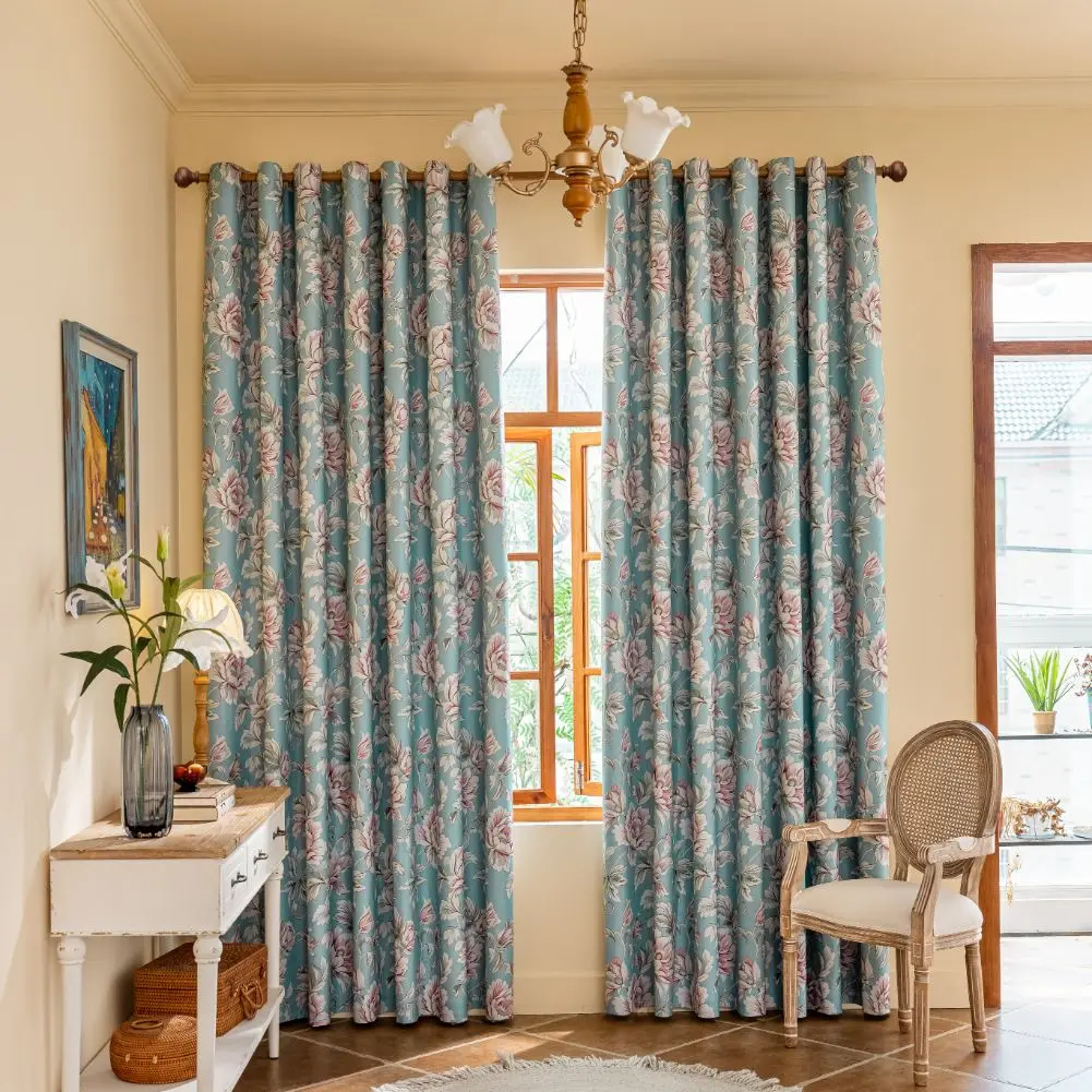 1 قطعة الستائر الرجعية لغرفة النوم غرفة المعيشة 100% التعتيم البلد الأمريكي نمط الستائر الأزرق خلفية الوردي زهرة ديكور المنزل