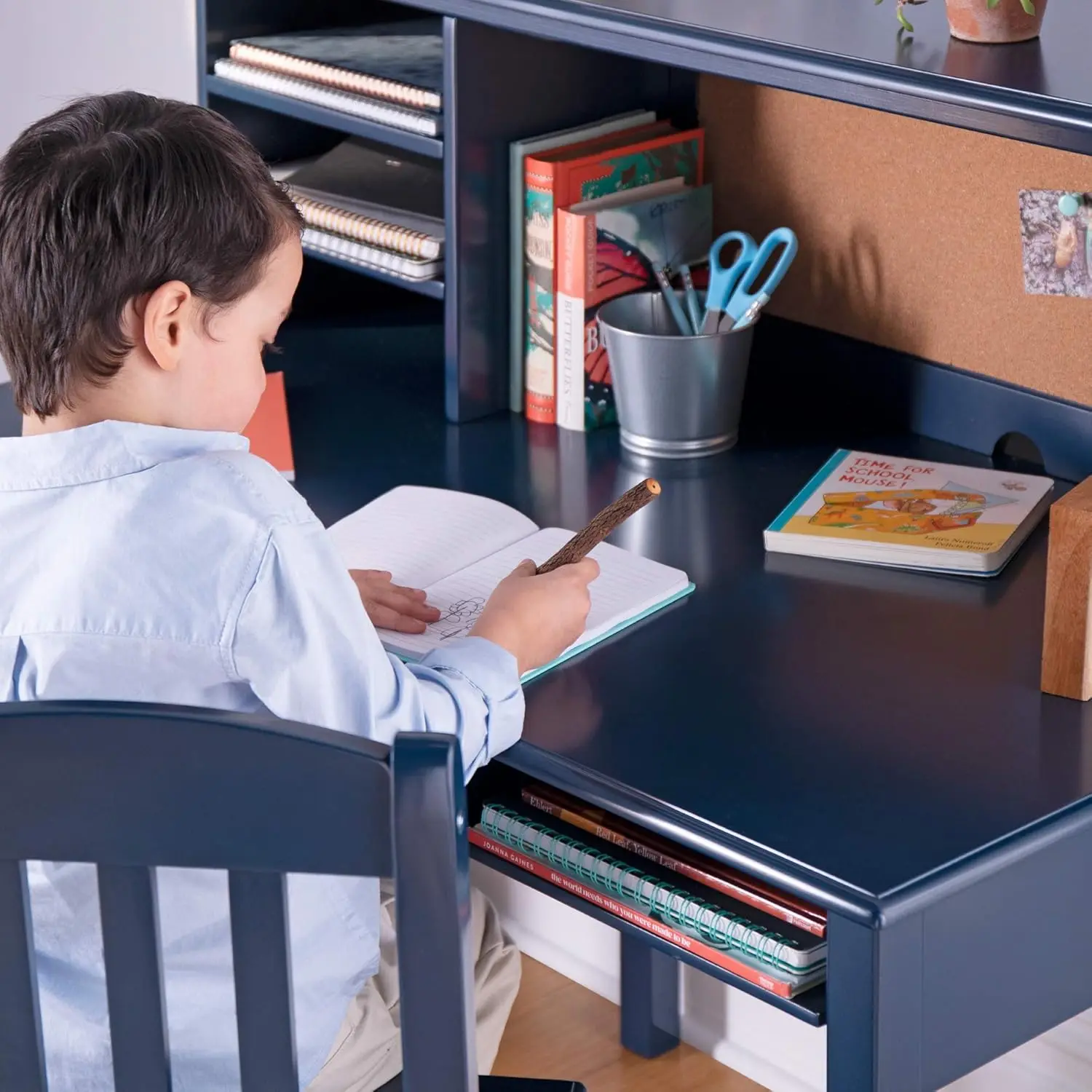 Kids Taiga Desk and Chair Set with Hutch - Navy: Kids Wooden Computer Workstation with Storage Drawers and Shelves