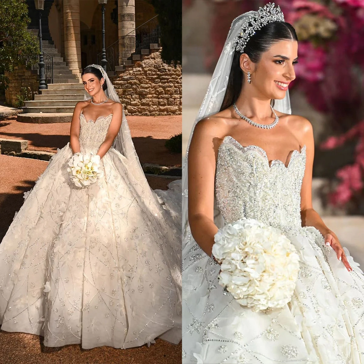 

Luxury Ball Gown Wedding Dresses Beading Appliques Lace Beads Sequins Bridal Gowns Custom Made Lace-Up Back Sweep Train Robes