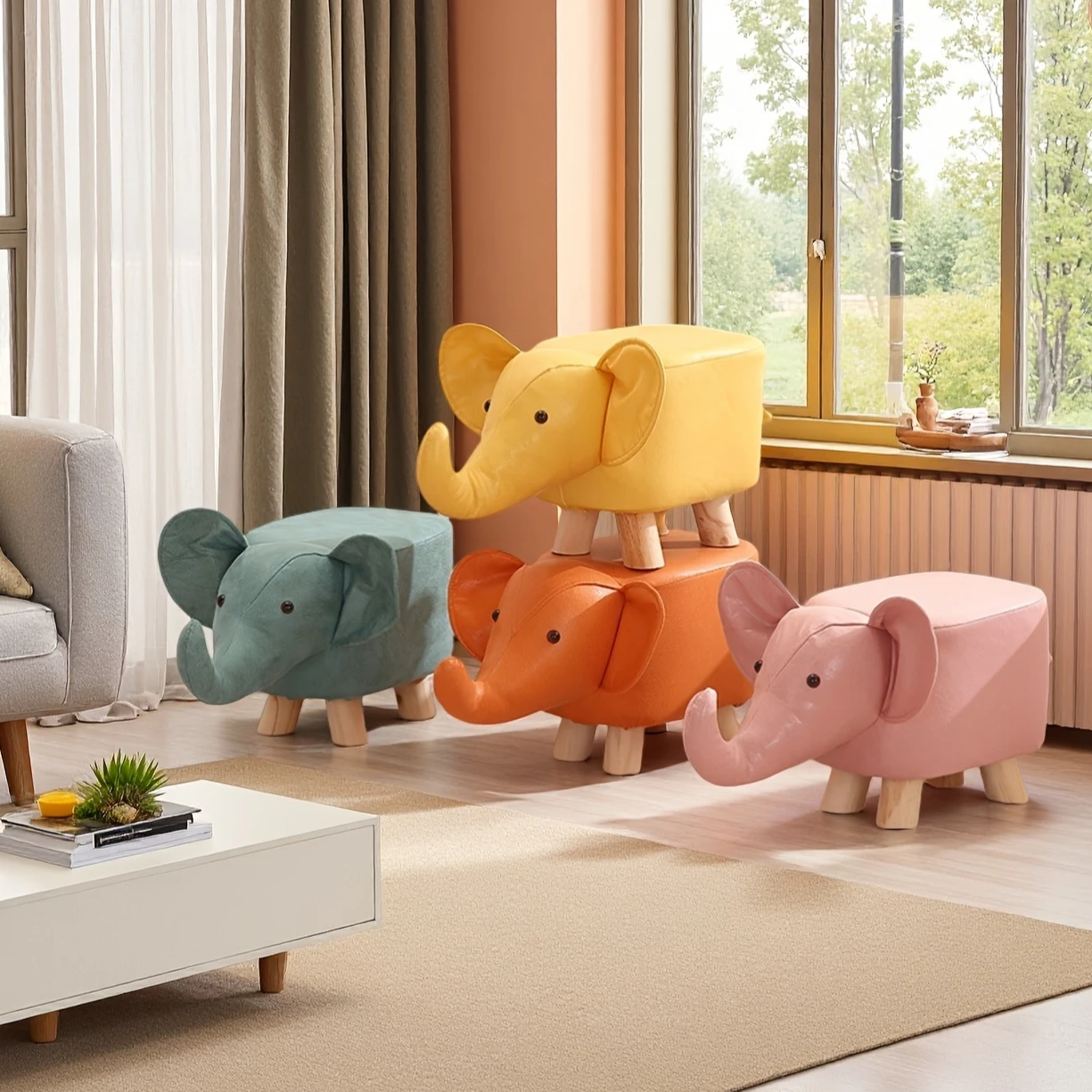 Solid Wood Small Stool Furniture Cartoon Elephant Design Cute Stool Chair Perfect for Living Room Office Decoration