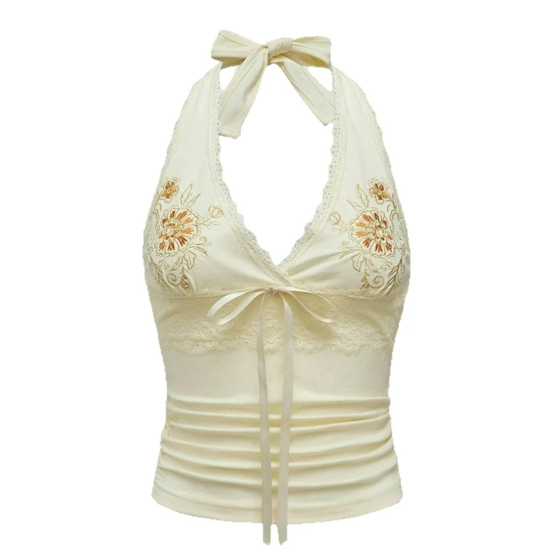 

New Fashionable Sexy Spicy Girl Style Hanging Neck Slimming Camisole for Women Embroidered Lace Patchwork Camisole 2026 Summer