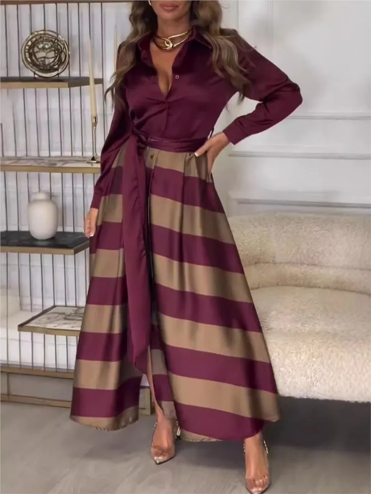 Vestido largo de satén a la moda para mujer, vestido informal de manga larga con cordones y cuello vuelto, vestido estampado con patrón Vintage para primavera y otoño