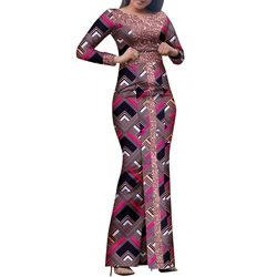 Bintarealwax Afrikanische Maxi Kleid Bazin Riche Pailletten Print Wachs Lange Kleider Langarm Plus Größe S-7XL Afrika Kleidung WY8458