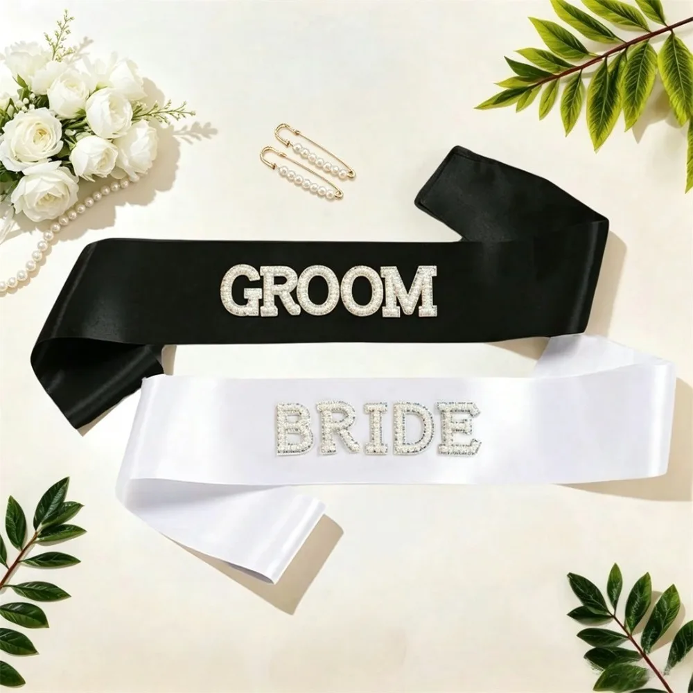 1/2/4Pcs Groom & Bridal Sash Set with Pearl Pins, Pearl Rhinestone Wedding Decor Sash for Wedding Party Decor