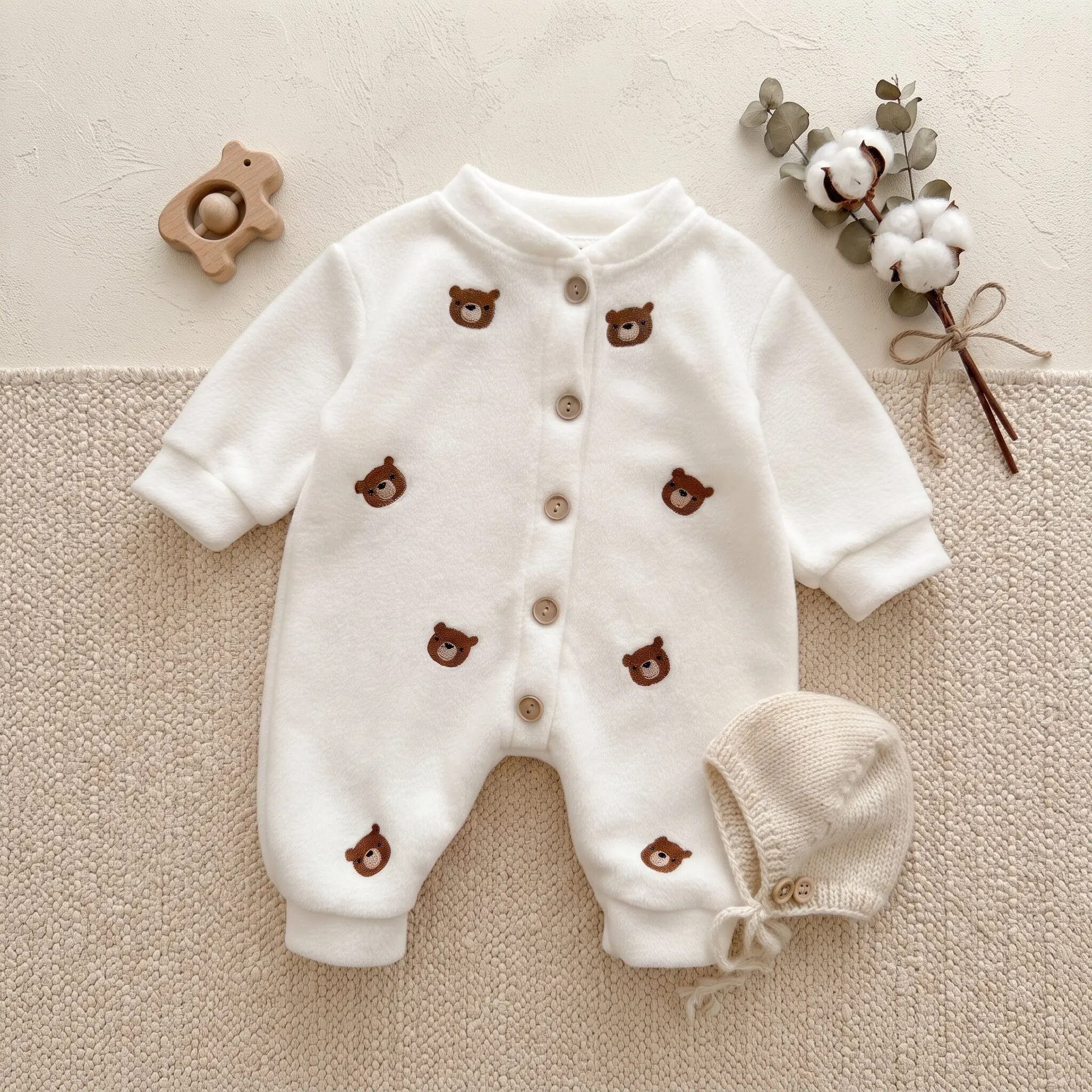 Baby Fleece Jumpsuit, Cute Bear Embroidery Front Button Romper, Unisex Infant Long Sleeve Warm One-Piece Autumn Winter Outfit