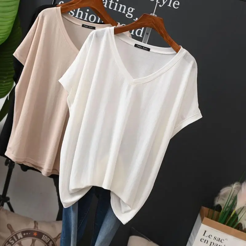 2024 Summer New Thin Style Large Size Comfortable Loose V-neck Short Sleeve Women T-shirt Casual Solid Color Affordable Tops