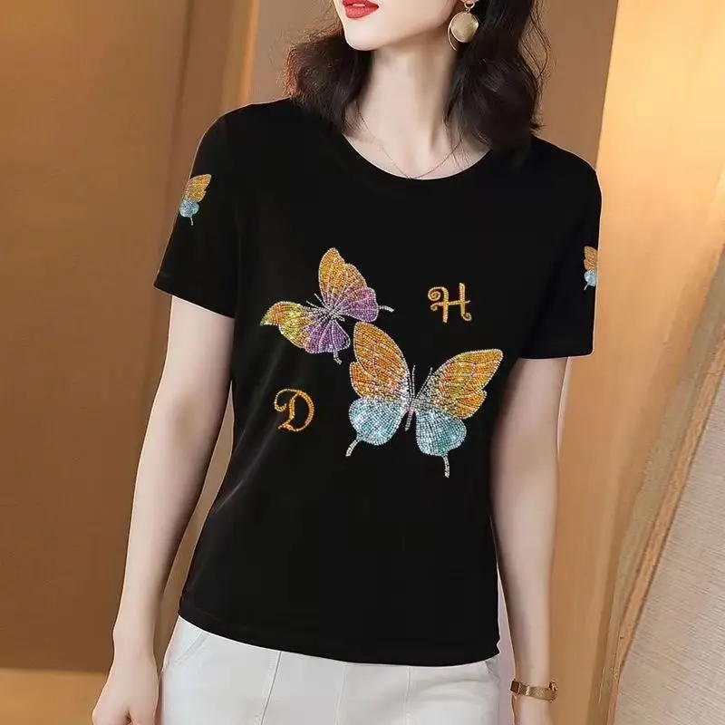 Summer Thin Casual Pullovers Ladies Fashion Diamonds Women\'s Clothing All-match Short Sleeve Tops Trend Solid Color T-Shirts