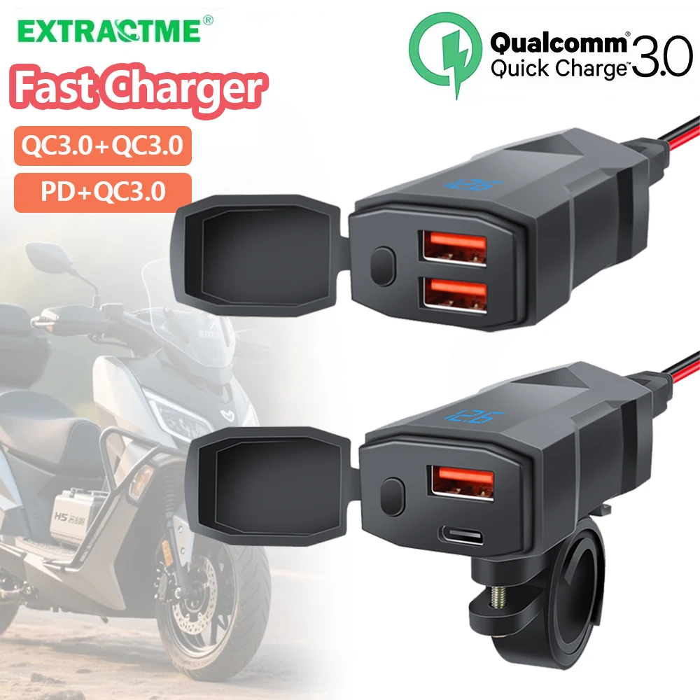 

Extractme Motorcycle Charger Dual USB QC3.0 Type-C Fast Charger Power Adapter Socket with Switch Waterproof Digital Voltmeter