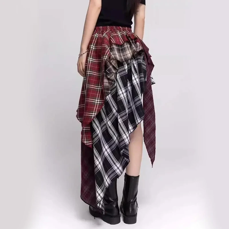 Y2K Summer Women Skirt Irregular Plaid Streetwear Patchwork Oversize Spice Girl Design Harajuku Female Midi Skirt