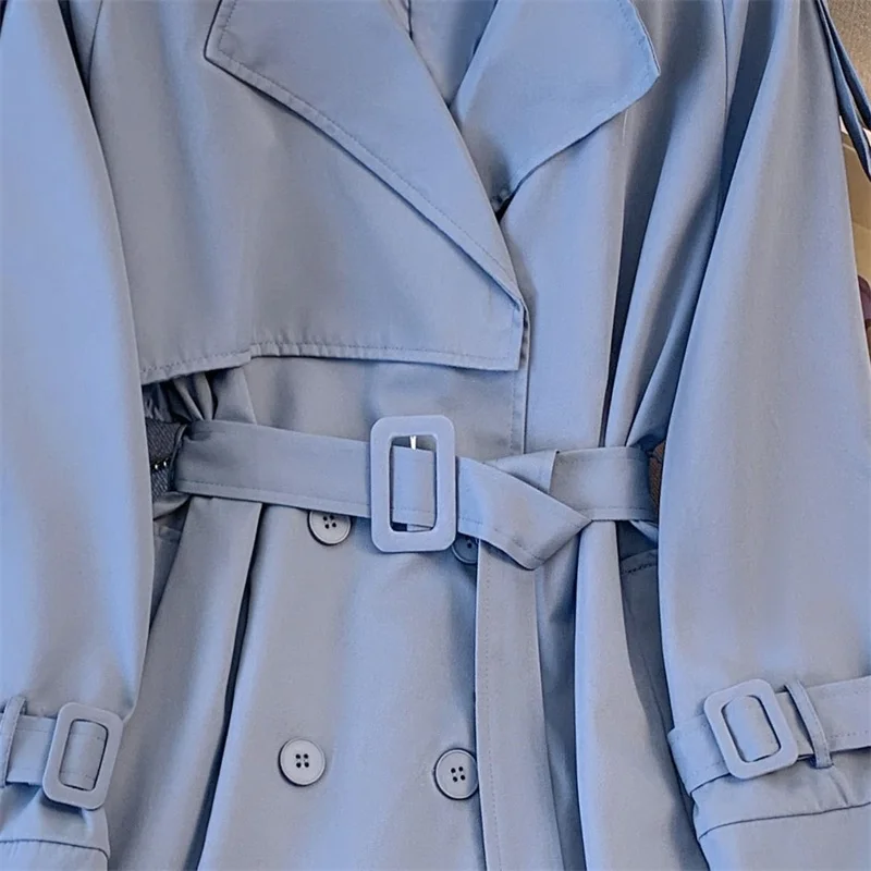 Imagem -05 - Primavera Mulheres de Comprimento Médio Azul Trench Coat com Cinto Coreano Casual Trespassado Lapela Manga Longa Elegante Feminino Blusão