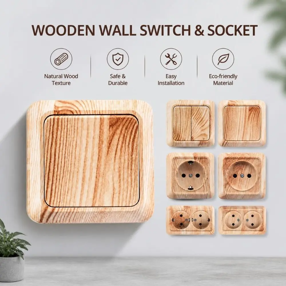 Modern Plastic Wall Switch EU Standard Wood Grain EU Socket Square Power Socket Wall Mount
