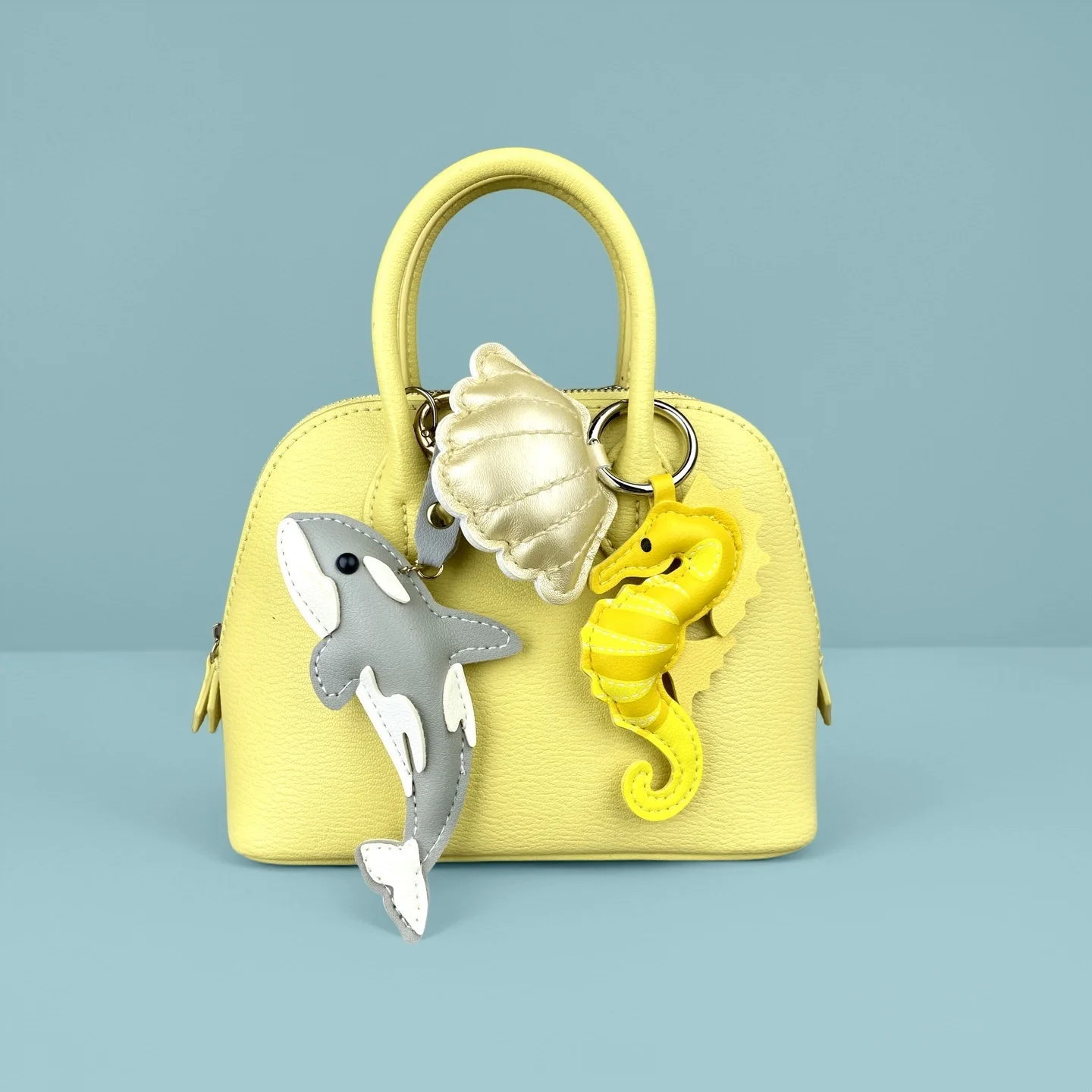 Cute PU Leather Keychain with Ocean Animal Charms - Stress Relief Sea Horse Shell Sea Lion Orca Pendant Gift Accessory view 2