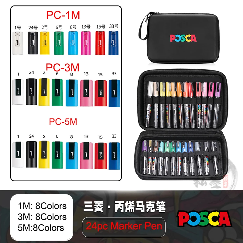 Uni Posca 24/36 Kleuren Markers, Acryl Schilderij Pen met Posca Opbergtas Japanse Briefpapier Kunstbenodigdheden voor Schilderen Graffiti