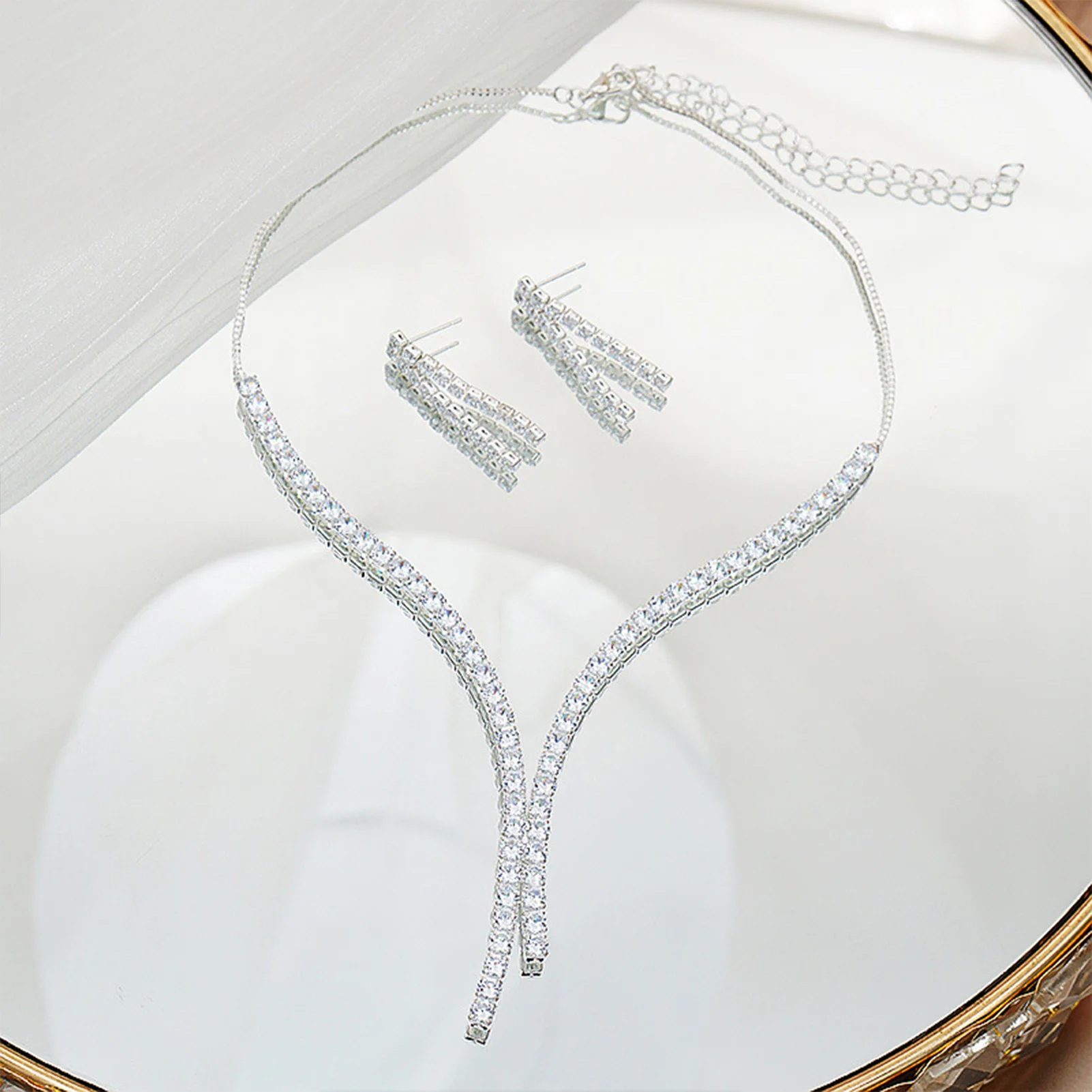 2pcs Women Jewelry Rhinestone Necklace Set French Vintage Earring Necklace Bride Wedding Photo Accessories For Bridesmaids Gifts