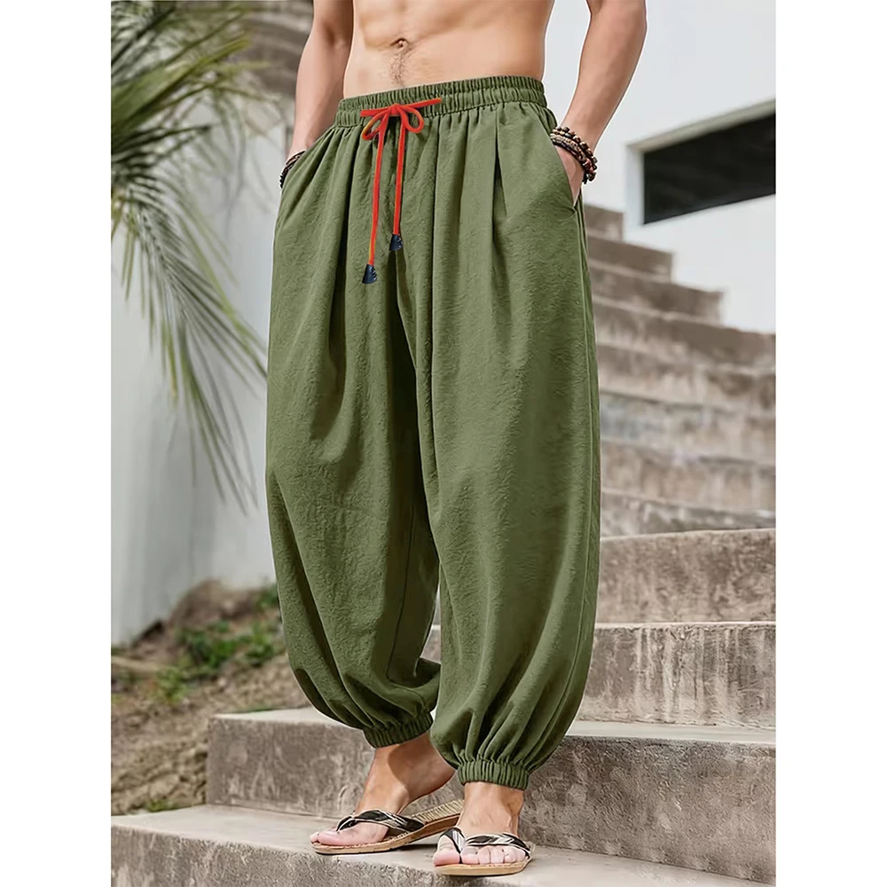 Men's Wide Leg Pants Loose Fit Casual Breathable Lightwight Solid Color Elastic Waist Trousers Cotton Linen Male Long Pants