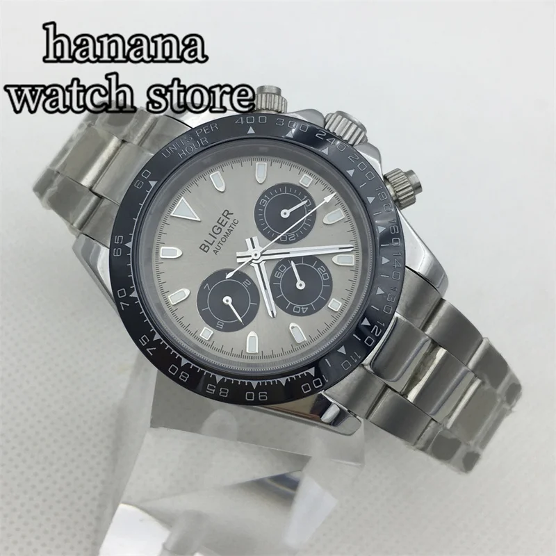 BLIGER автоматические механические часы для мужчин, керамический безель 39 мм, серый циферблат, маленький черный циферблат, сапфировое стекло, браслет из нержавеющей стали