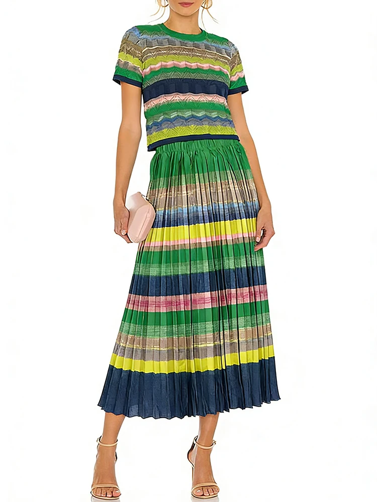Designer retro color striped stretch knit pullover two-piece 2026 summer women's dress+loose pleated skirt fashion suit