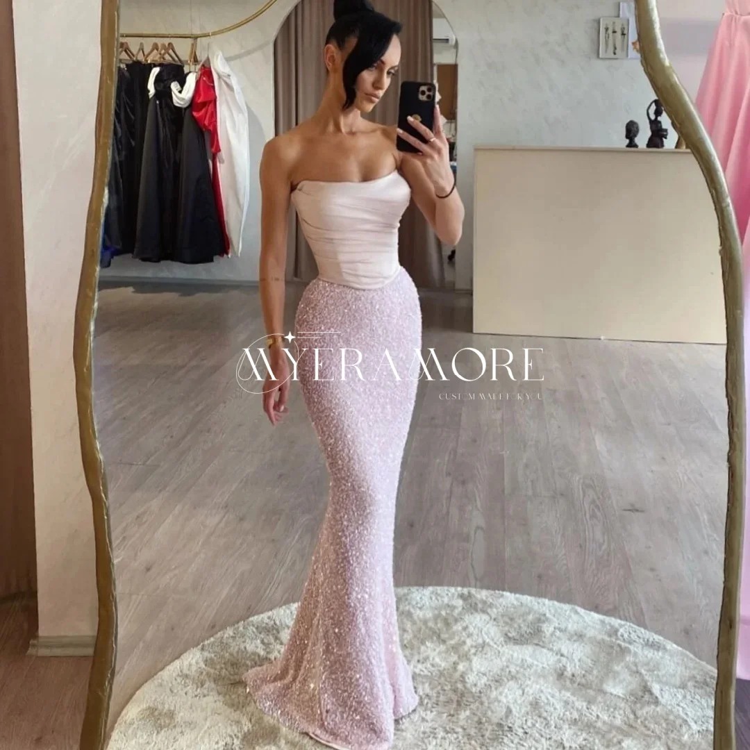 

Customized Strapless Pink Prom Dresses Sparkly Satin Mermaid Sequin Formal Evening Party Dresses Beading robes de soirée