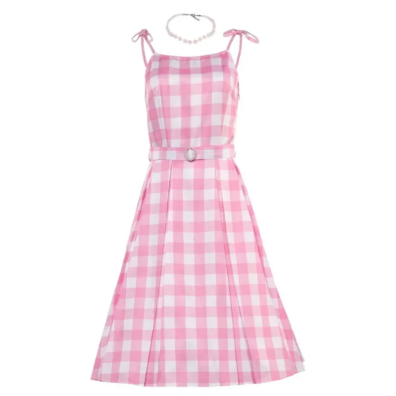 Margot Cosplay Kawaii Pink Plaid Dress Women Costume 2023 Movie Barbei Roleplay Fantasia Halloween Party Clothes For Disguise