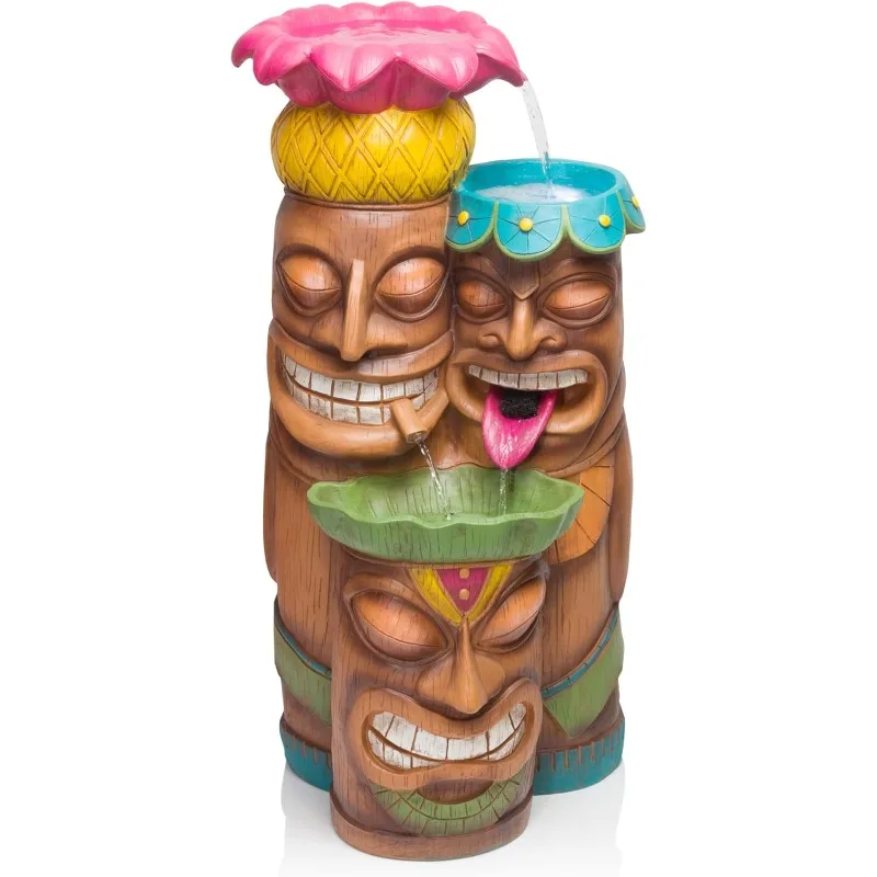 LIZ142L Indoor/Outdoor Floor 3-Tiered Colorful Tiki Head Water Fountain, Tropical Tiki Waterfall, 35