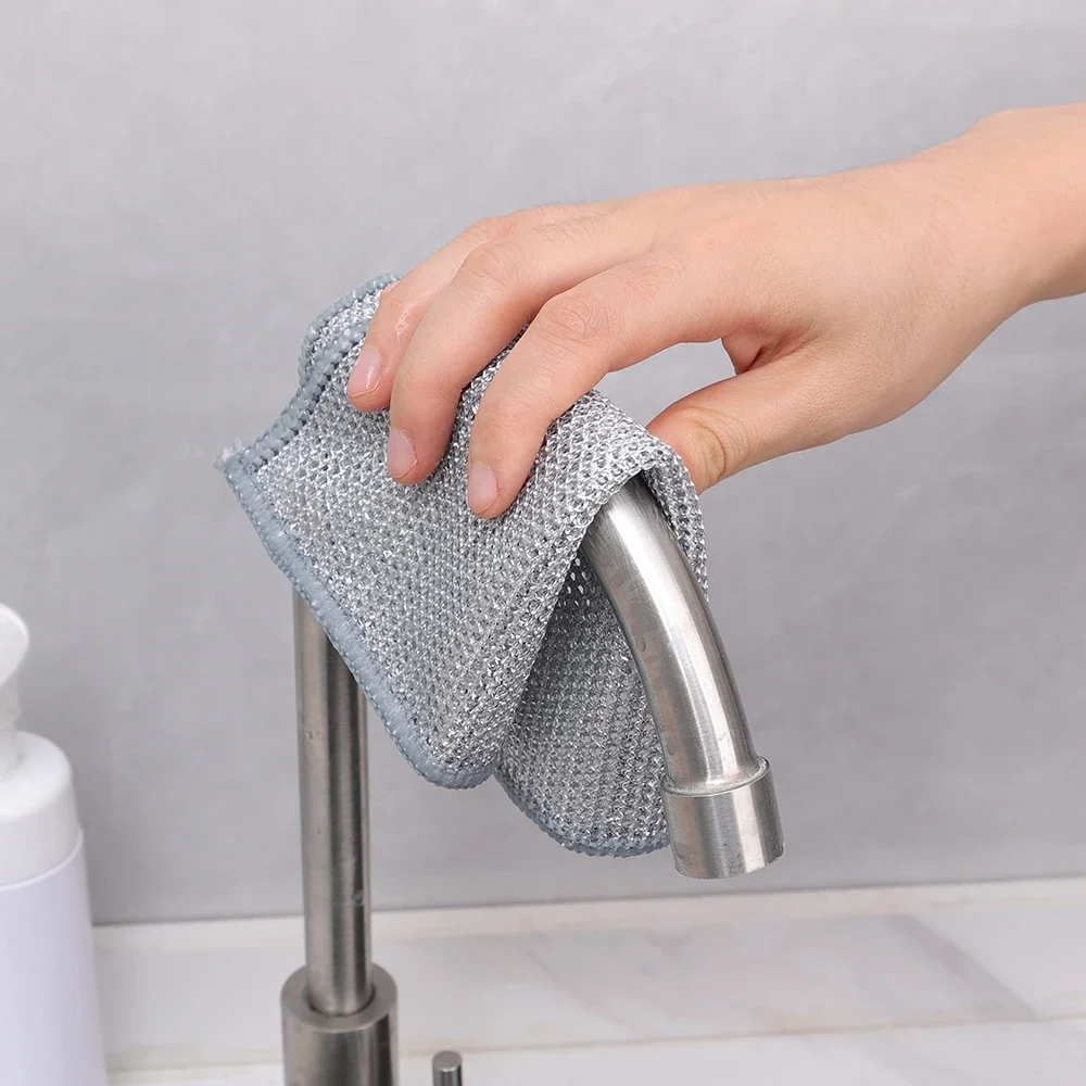 10/1Pcs Steel Wire Dishcloths Thickened Double-layer Non-stick Oil Iron Dish Rag Universal Kitchen Pan Pot Dishes Cleaning Cloth