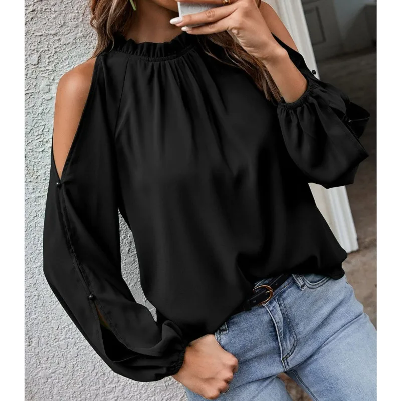 Sexy Off Shoulder Women\'s Blouse 2024 Spring Autumn Long Sleeve Casual Loose Shirt Black Green Tops Office Ladies Blouses