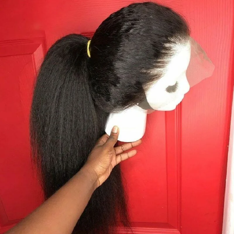 Peluca con malla frontal para mujer, pelo largo Yaki, suave, Natural, negro, 26 pulgadas, liso, rizado, 180 de densidad, con pelo de bebé, prearrancado, sin pegamento, para uso diario