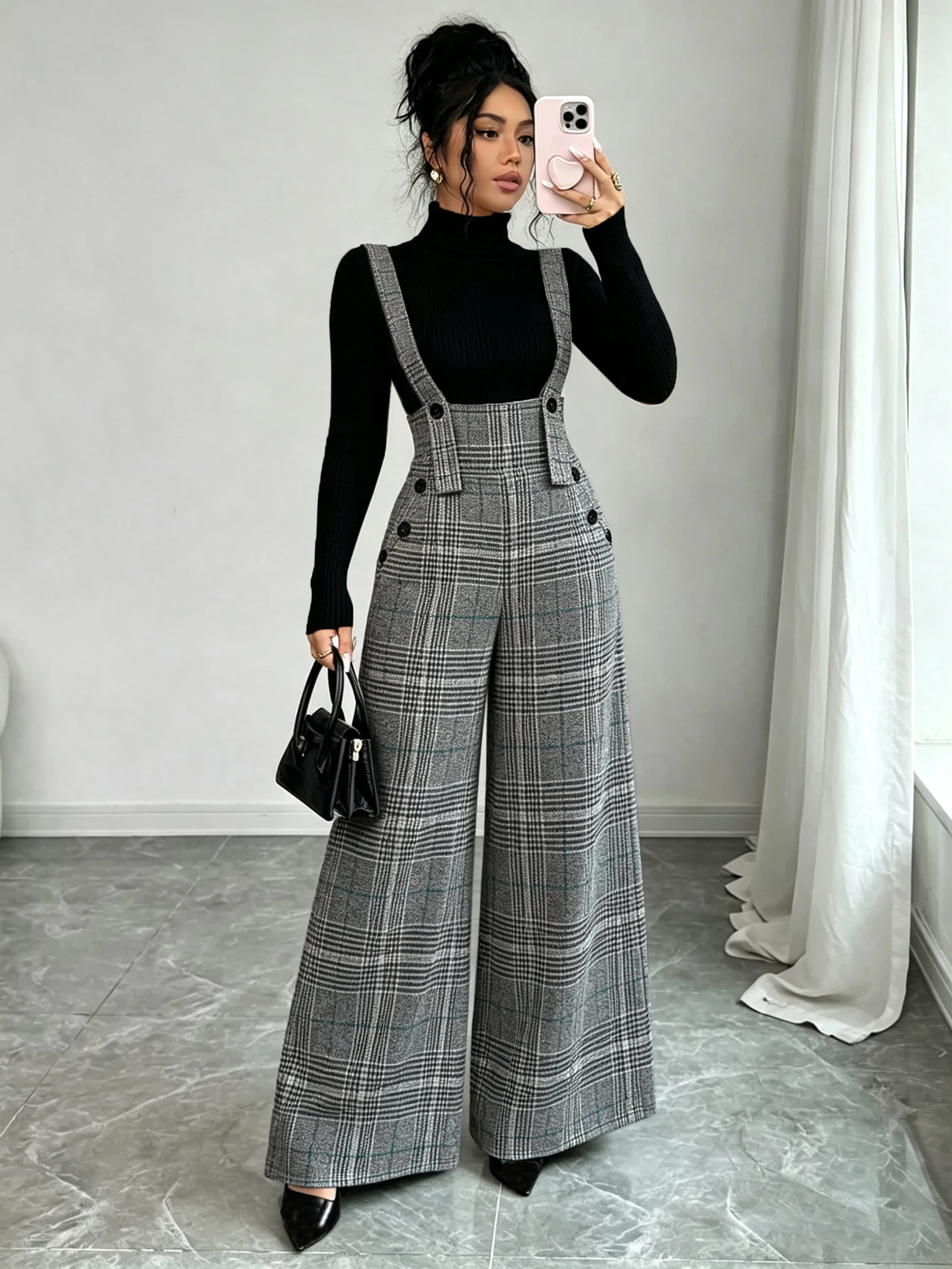 Elegant Lady Plaid High Waist Buckle Pocket Bib Overalls Women's Fashion Classic Checkered Wide Leg Trousers
