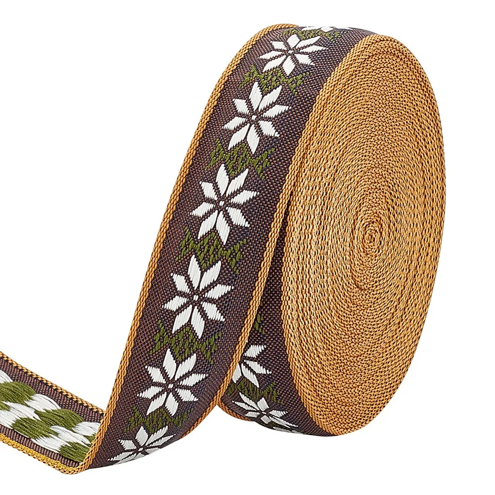 Polyester-Stickereiband, Jacquard-Band, Tiroler Band für Geschenkverpackung, Partydekoration, Blumenmuster, Kokosnussbraun