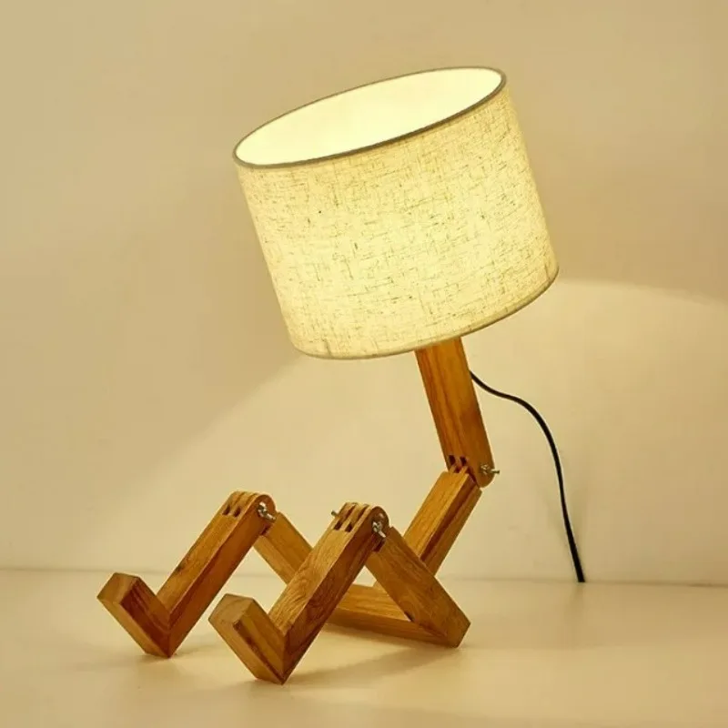 Wooden Robot Shaped Desk Lamp with 3 Color Dimming Button Switch Living Room Study Reading Light Bedroom Bedside Night Light