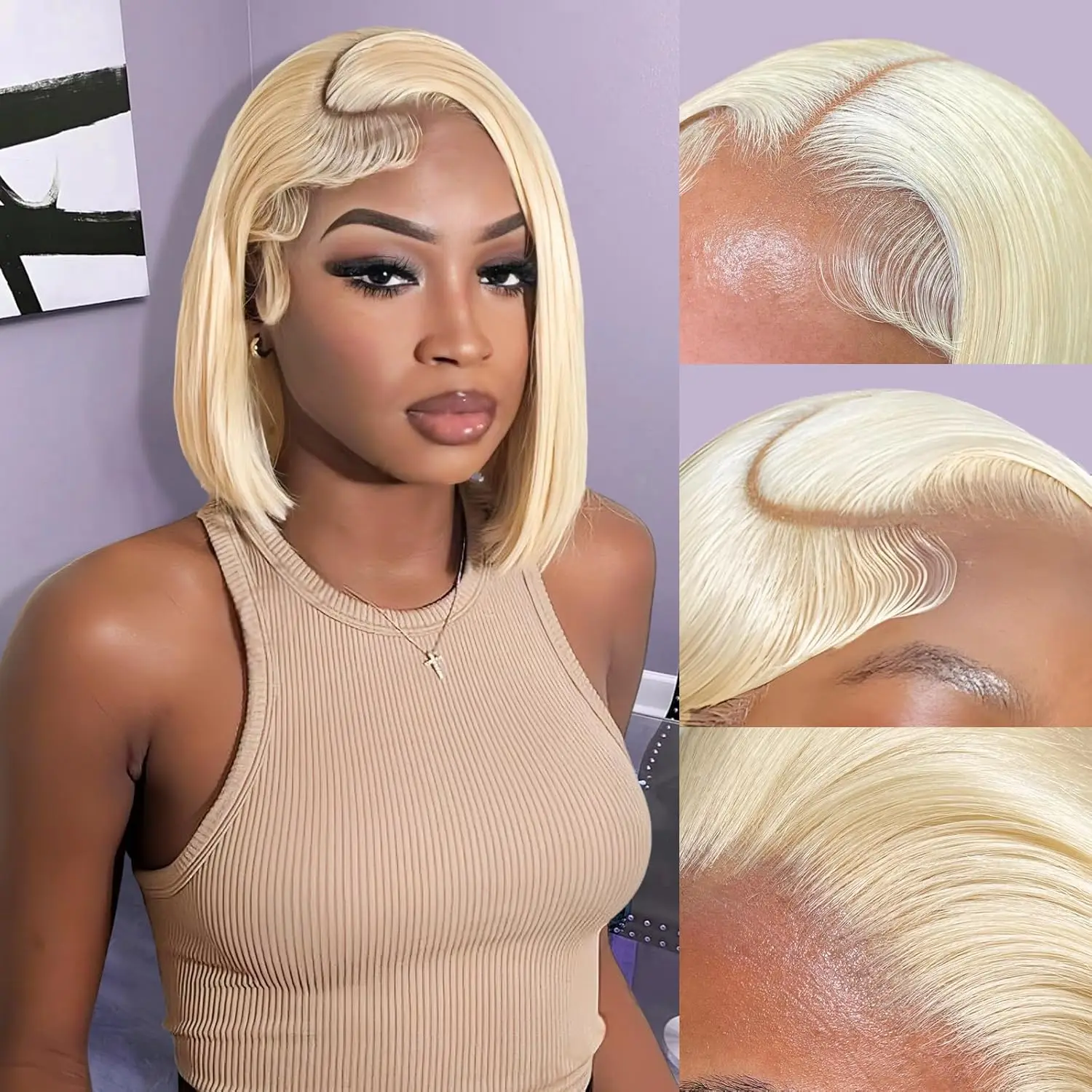 

613 Short Bob Wig Human Hair Wigs Straight 13X4 Transparent HD Lace Front Honey Blonde Burgundy 99J Colored Lace Frontal Wig