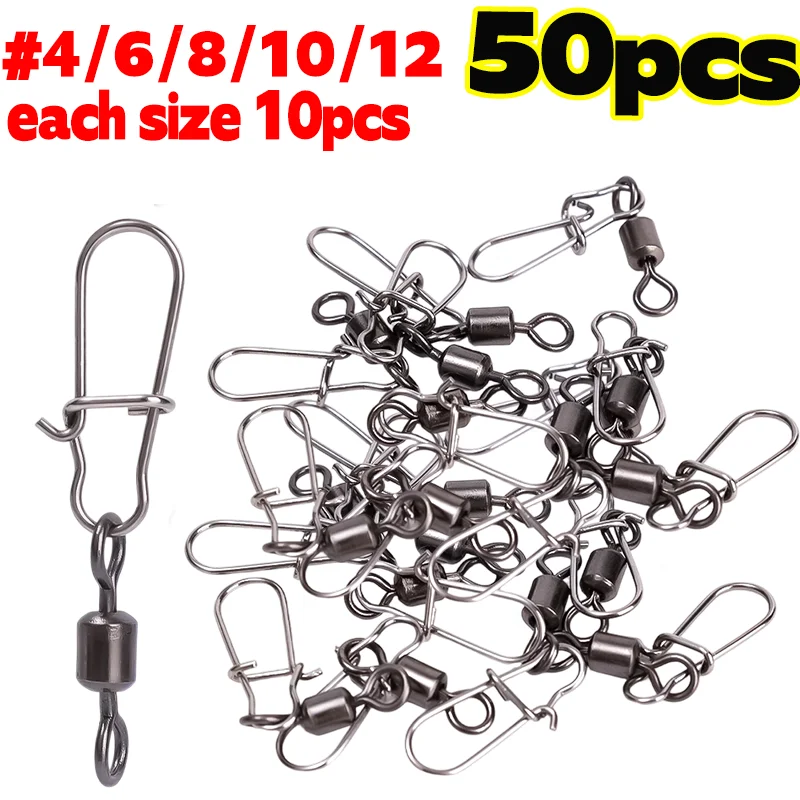 # 4/6/8/10/12 Angelverbinder Rollwirbel mit Kugellager Edelstahl-Schnappverschluss Angelhaken Köderwirbel Angelzubehör 50 Stück – Detail 4