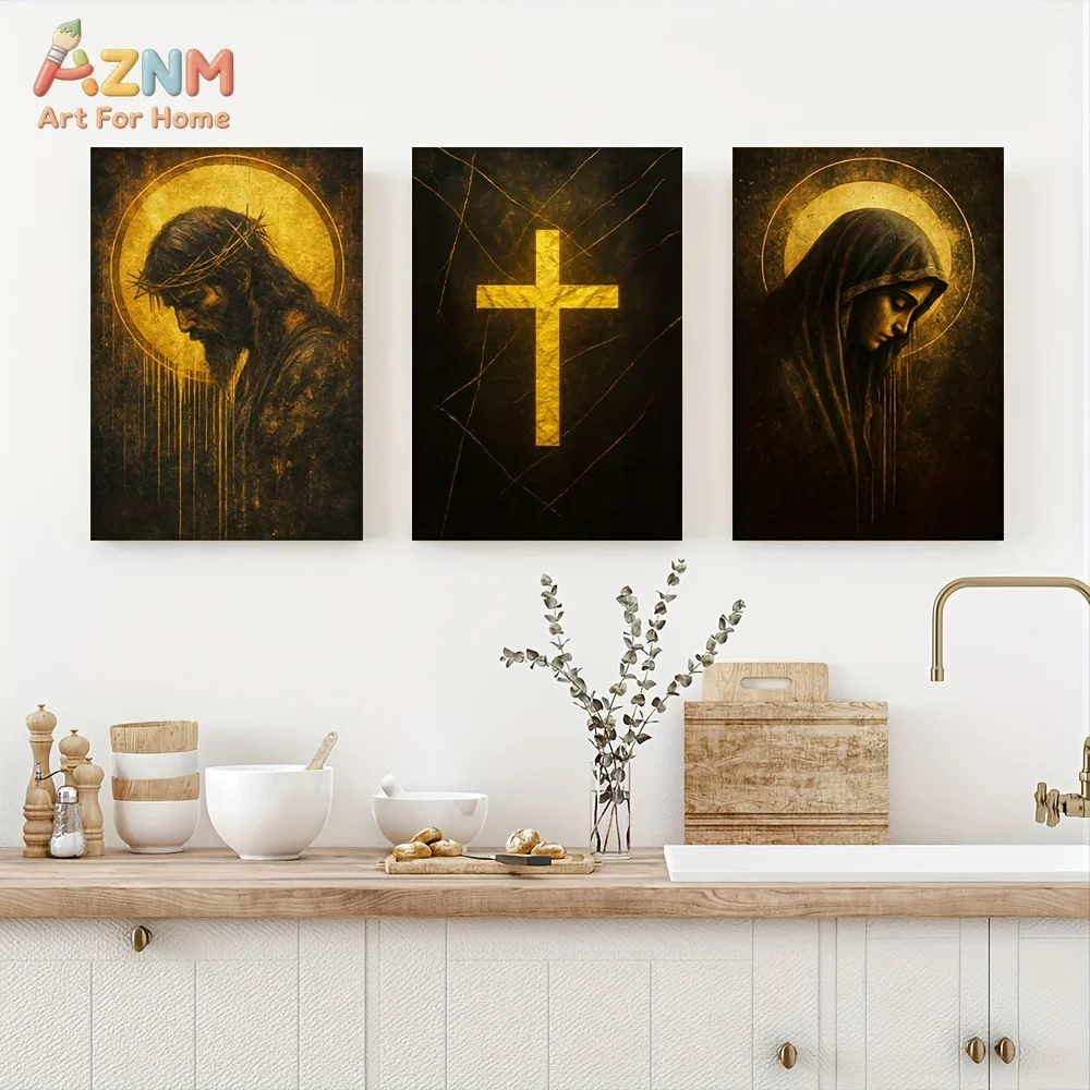 1pc/3pcs Canvas Wall Art Featuring Jesus And The Virgin Mary with a Golden Cross Design, Religious Faith Decor view 6