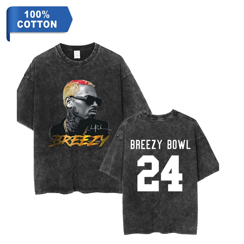 

Chris Brown Breezy Bowl XX Tour Washed T-Shirt Men Women Hip Hop Short Sleeve Oversized Cotton T Shirts Streetwear