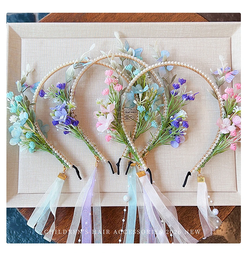 2026 Mädchen Perlenblumen-Haarreif mit abnehmbarem Bandquasten, chinesischer Hanfu-Stil, Haarband mit simulierten Blumen und Schmetterlingen – Detail 1
